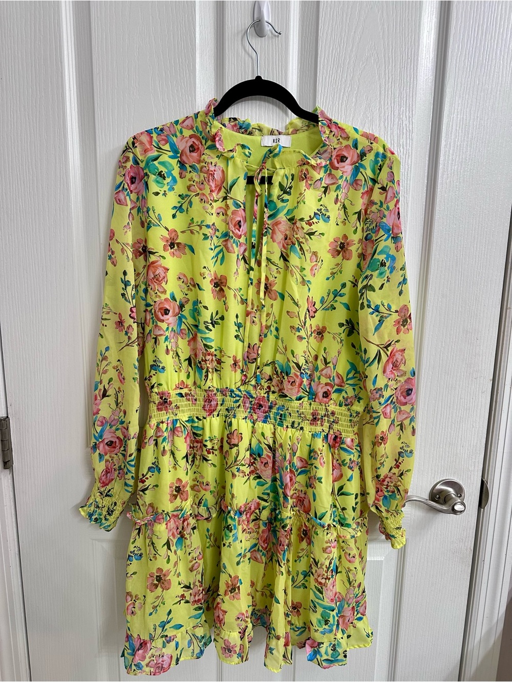 NSR Women’s XL Yellow Floral Tie-Neck Blouse Dress